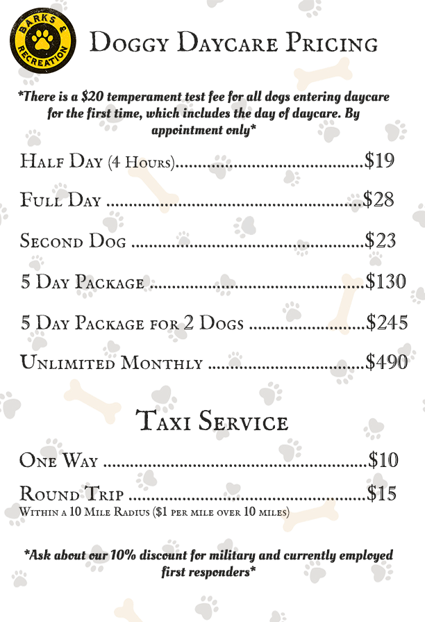 Barks & Recreation - Dog Daycare Price List